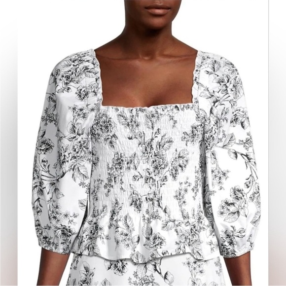 RACHEL PARCELL black and white romantic floral smocked puff sleeve top size 0 - Picture 2 of 5
